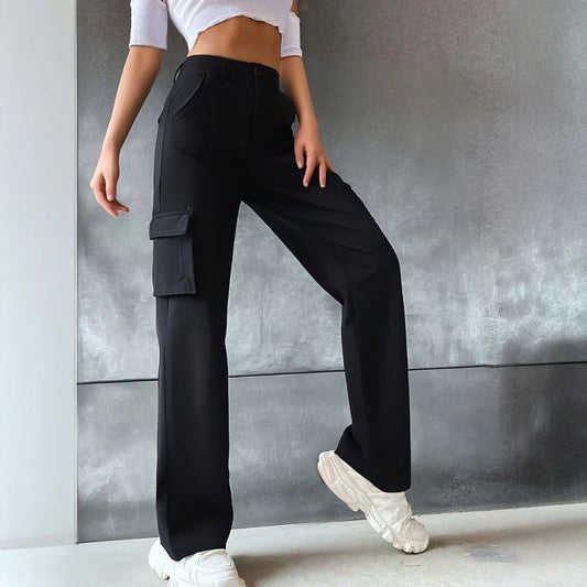 Women's High-Rise Regular-Fit Full-Length Black Cargo Straight leg Trouser Pant