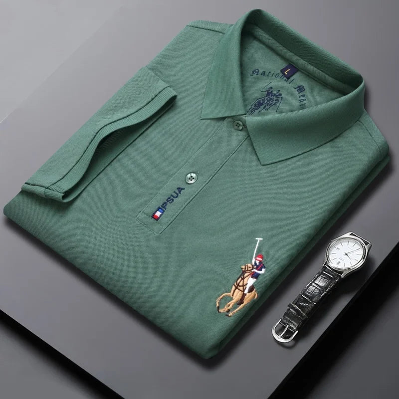 Men's High-quality Summer New Embroidered Lapel Men's Short Sleeved Polo Shirt with Tassel Solid Color Business Casual Men's Pol