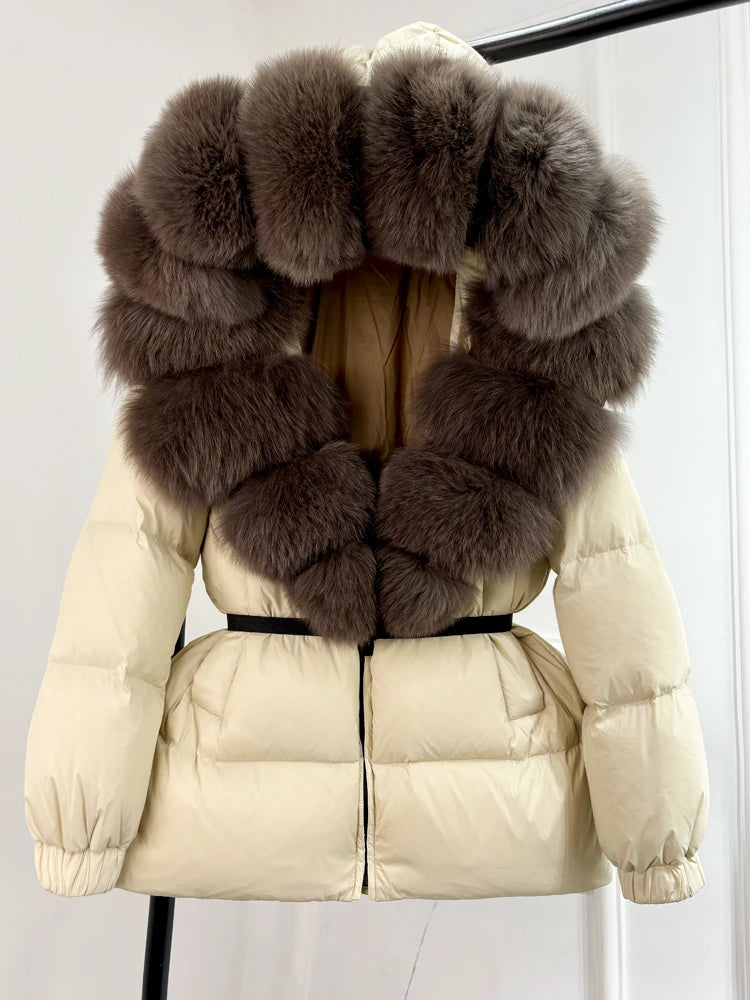 Janveny 2025 Winter Puffer Jacket Women Real Fox Fur Hooded Thick Warm 90% White Duck Down Coat Female Parkas Waterproof