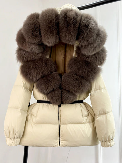 Janveny 2025 Winter Puffer Jacket Women Real Fox Fur Hooded Thick Warm 90% White Duck Down Coat Female Parkas Waterproof