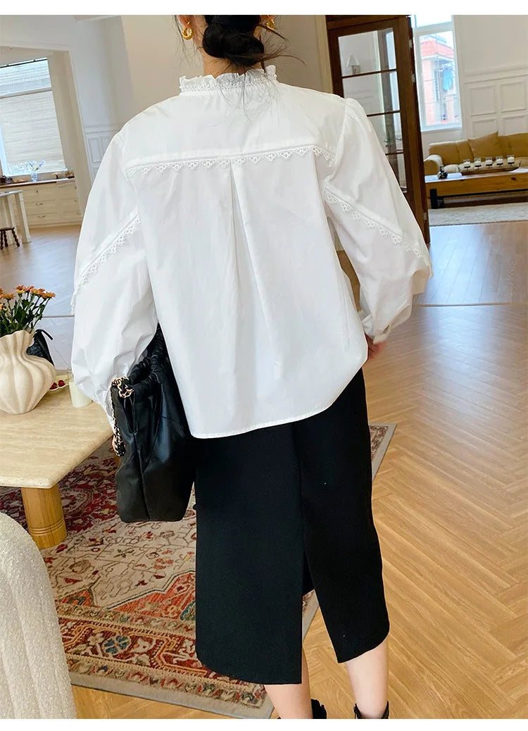 2025 Spring New Women's French White Shirt Splicing Lace Embroidery Design Ladies Shirt Long Sleeve Casual Holiday Beach Tops