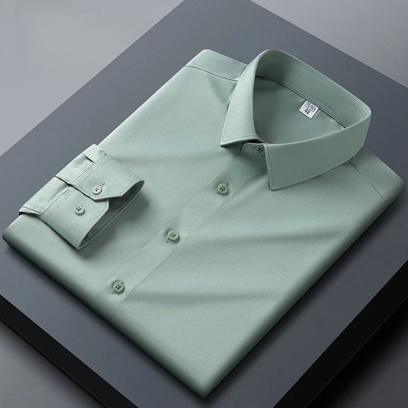 Long sleeved shirt for men's business casual orange non ironing wrinkle resistant elastic solid color men's shirt new style