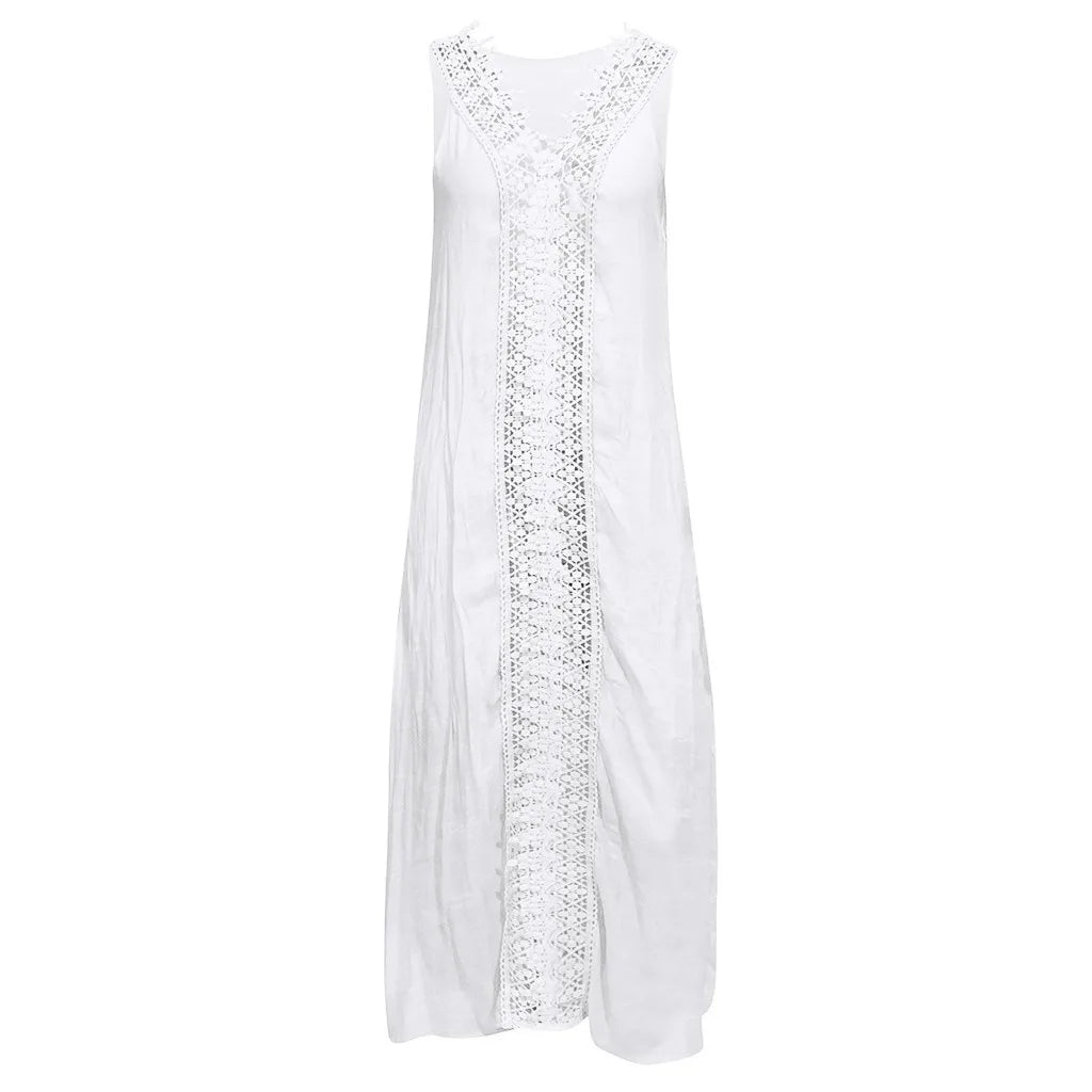 2025 New Summer Women Loose Sleeveless Lace Splice Dress Designer Casual Elegant White Dresses For Women Robe Femmes