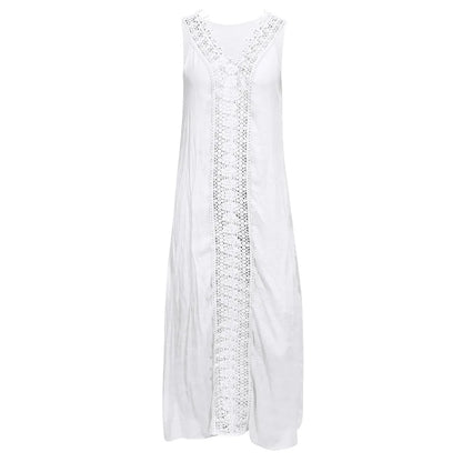2025 New Summer Women Loose Sleeveless Lace Splice Dress Designer Casual Elegant White Dresses For Women Robe Femmes