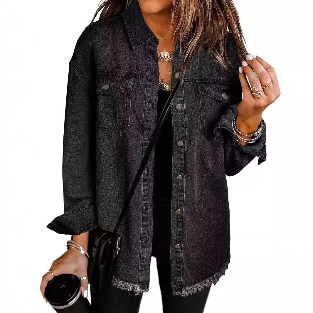 Women Denim Shirt Turn Down Collar  Streetwear Open Stitch Single Breasted Casual Loose Jackets