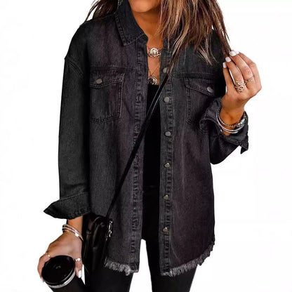Women Denim Shirt Turn Down Collar  Streetwear Open Stitch Single Breasted Casual Loose Jackets