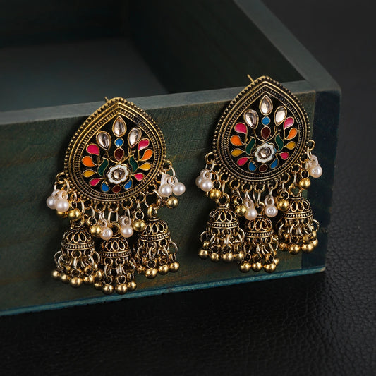 Bohemian Colorful Flower Water Drop Earrings for Women Gold Plated Afghan Bell Hanging Tassel Earrings Vintage Jewelry Gift