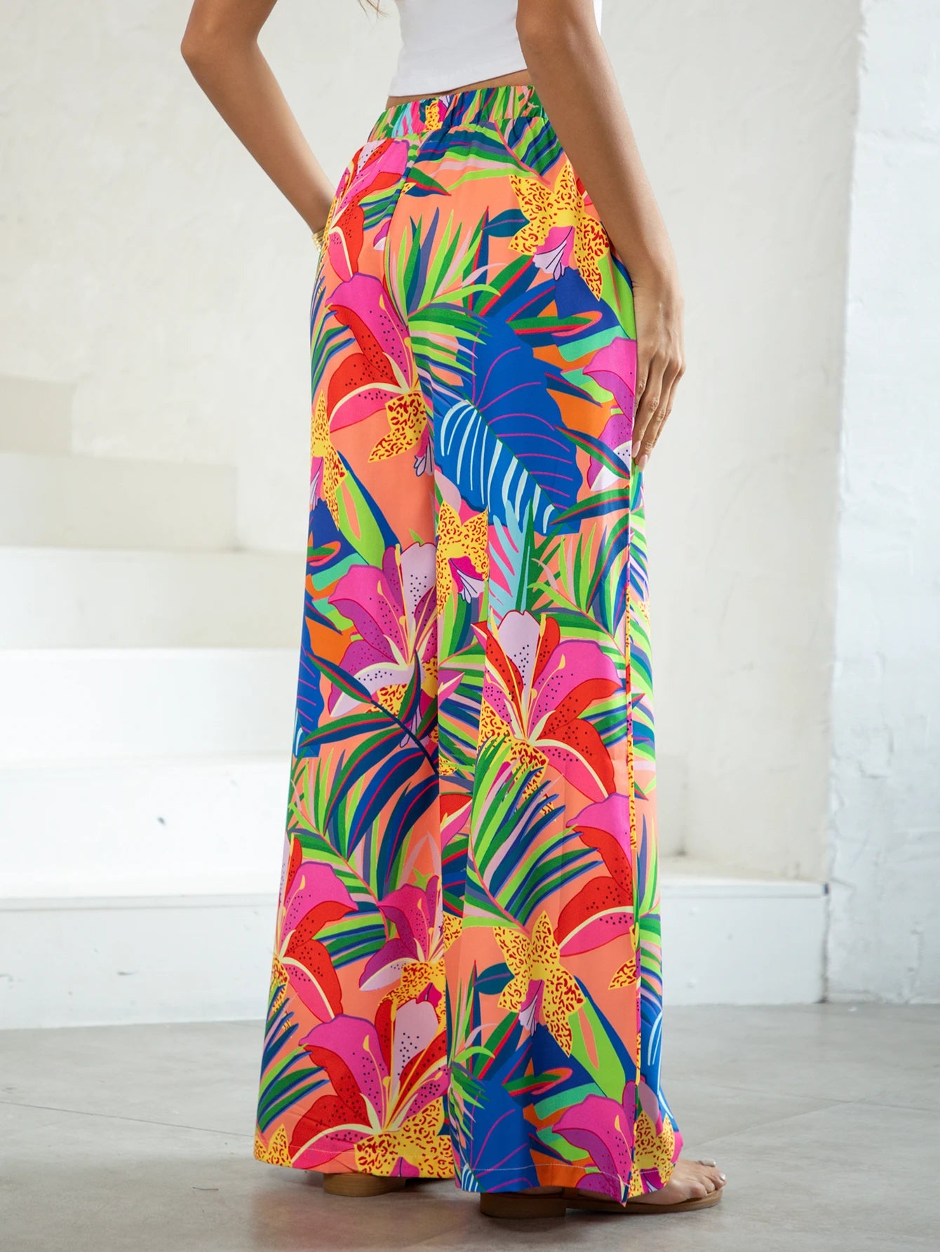 Women's Tropical Print Summer Beach Wide Leg Pants