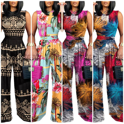Elegant Women Wide Leg Long Printed Sleeveless Jumpsuits Trouser