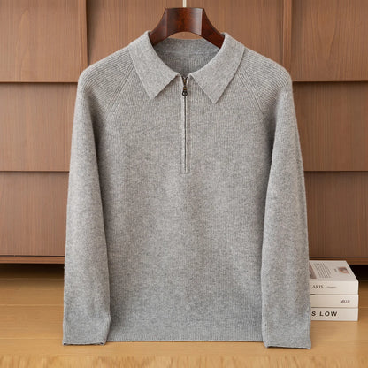 Luxury 100% Merino Wool Sweater for Men Half Zipper Polo Collar Pullover Autumn Winter Cashmere Thick Knitwear Smart Casual Top