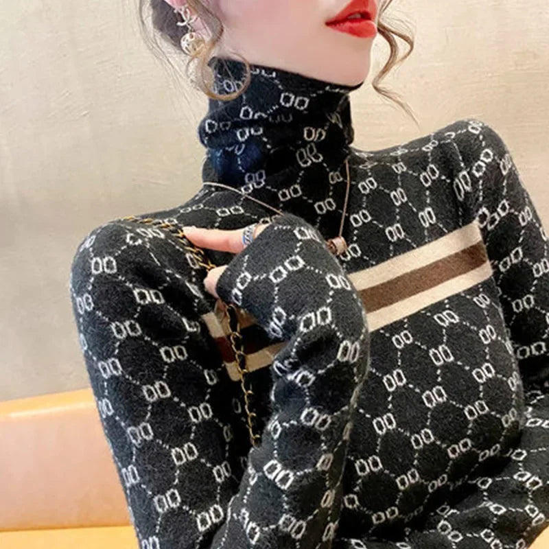 Women Slim Turtleneck Commute Warm Knitted Pullover Autumn Winter Vintage Soft Elastic Striped Letter Jacquard Sweaters