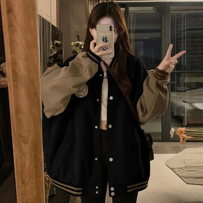Lazy Style Baseball Jacket for Women in Autumn and Winter, Plush and Thickened Fashion Retro Loose Fitting  Jacket