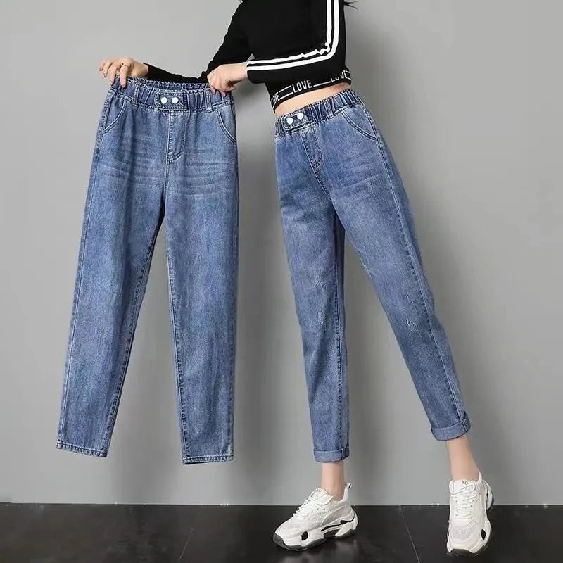 Women High Waist Denim Pants Harlan Elastic Waist Loose Casual Ankle long Pants