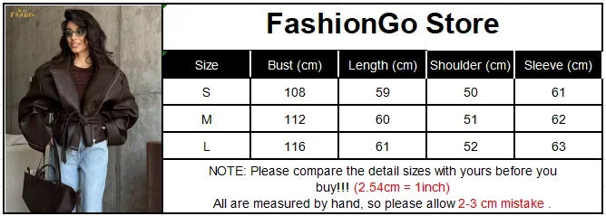Brown Lapel Leather Bomber Jacket Women's Fashion Full Sleeve Zipper Pocket Lace Up Belt Coat 2025 Autumn High Street Outerwear