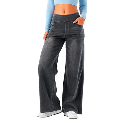 Women Jeans Denim Pant Wide Leg Streetwear Elastic Waist Straight Trousers