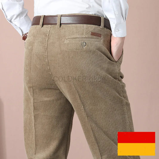 Men's Corduroy Pant Autumn Thick Straight Fit Flat-Front Casual Chino Pants Black Casual Trousers Male