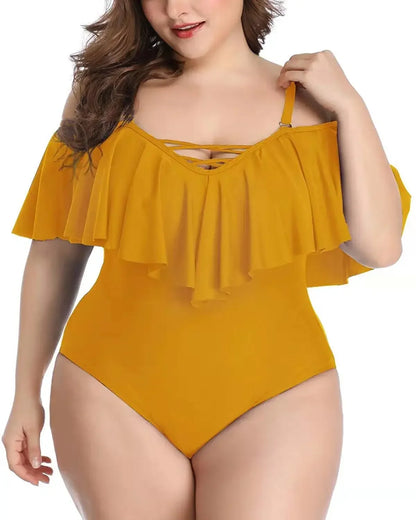 Solid Bikini Lotus Leaf Women Plus Size Swimsuit One Piece Swimwear Swimming New