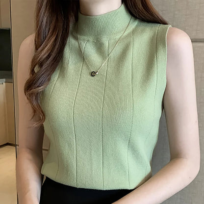 Women Knitted Solid Sweet Crop Tops O-neck Sleeveless Tops for Summer
