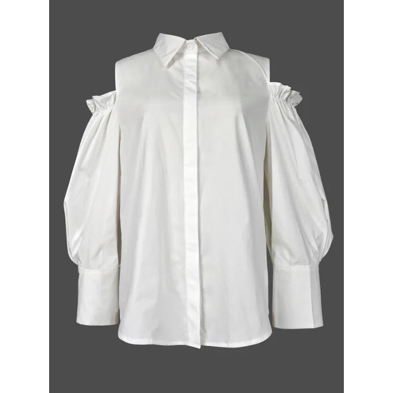 Modigirl New Fashion Women Tuxedo Blouse Shirts 2025 Summer Soild Color Cold Shoulder Office Party Leisure Black Tops for Women