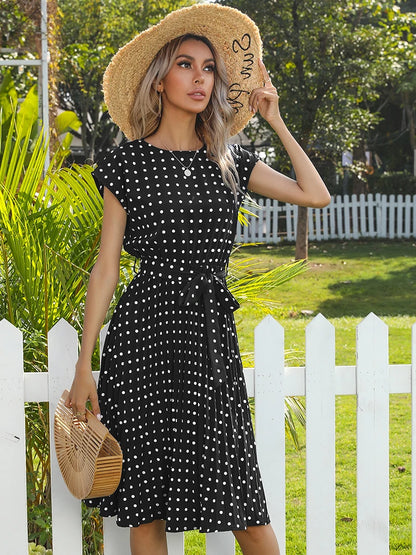 Women Short Sleeve Polka Dot Print Midi Dresses