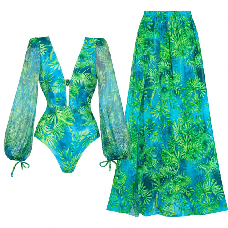 Flaxmaker Women Sexy Deep V Neck Long-sleeved Jungle Green Print One Piece Swimsuit And Skirt Summer Bathing Suit Monokini