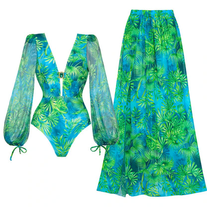 Flaxmaker Women Sexy Deep V Neck Long-sleeved Jungle Green Print One Piece Swimsuit And Skirt Summer Bathing Suit Monokini