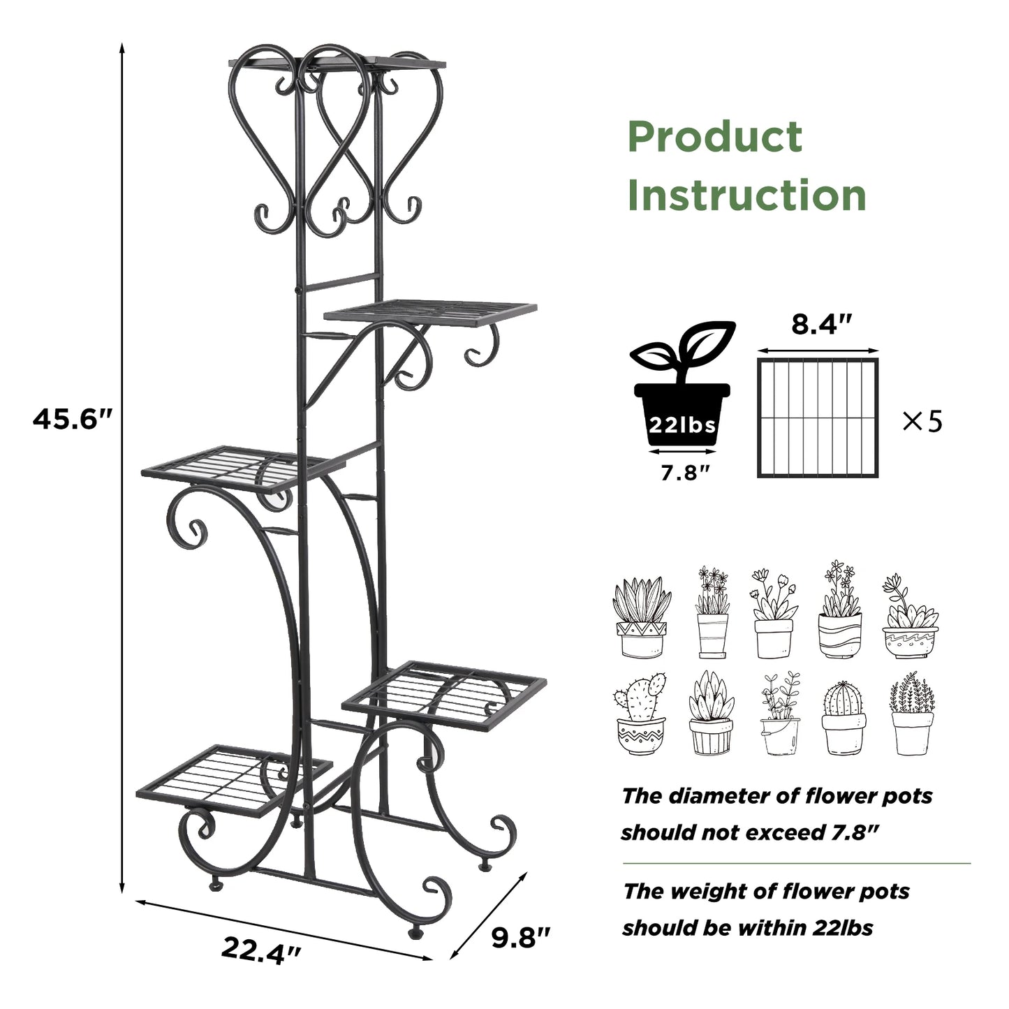 Tall Plant Rack Stand 5 Tiered Metal Plant Shelf Garden Flower Pots Display Holder
