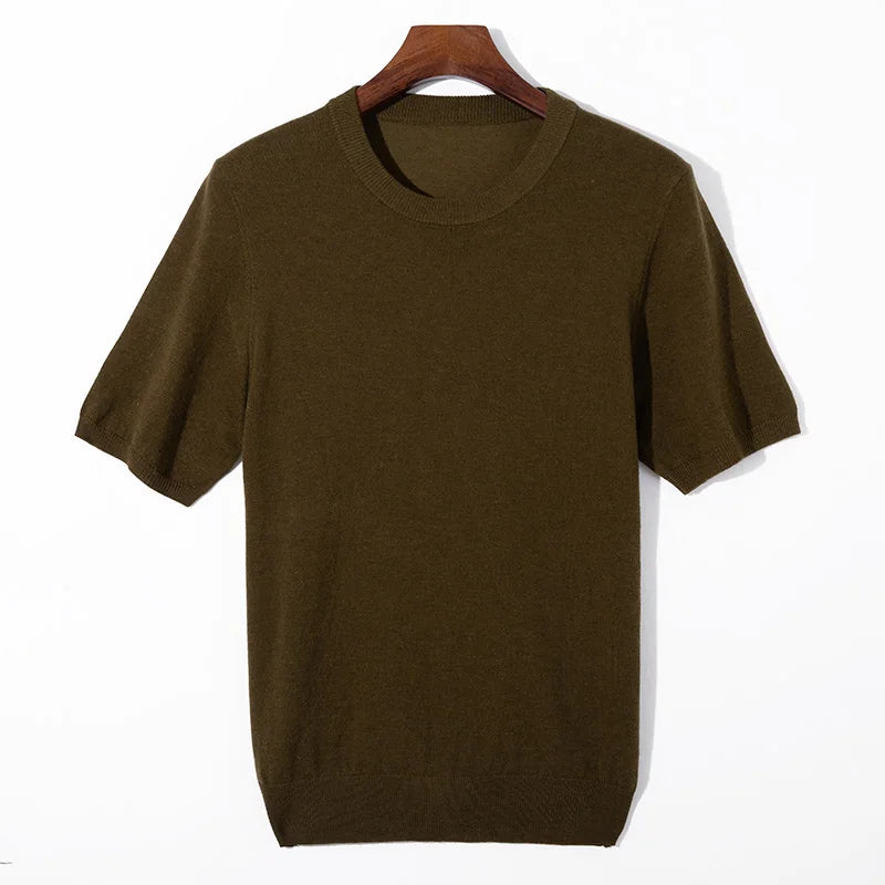 Summer Classic Short Sleeve Men Knitwear Silk Wool blend Sweater O-Neck Loose Cool Quality Business Pullover Basic Clothing Tops