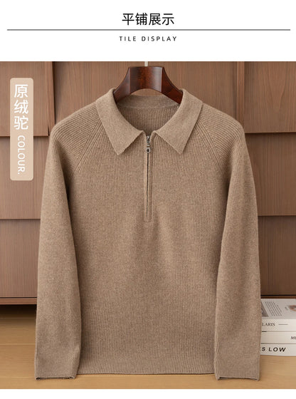 Luxury 100% Merino Wool Sweater for Men Half Zipper Polo Collar Pullover Autumn Winter Cashmere Thick Knitwear Smart Casual Top