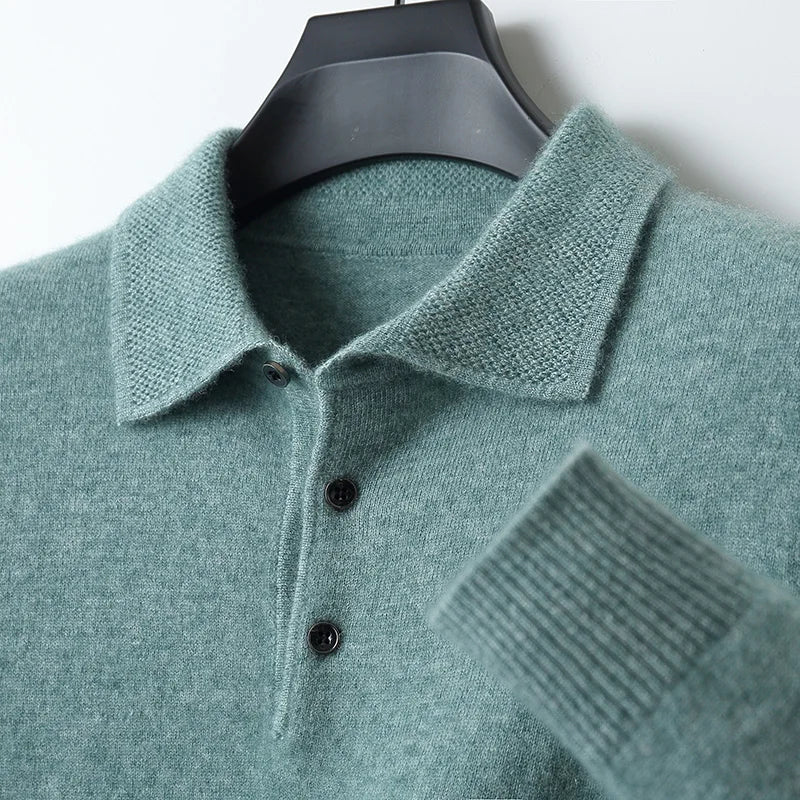 Autumn and winter new 100% pure wool sweater men's POLOL neck sweater lapel button cashmere sweater business bottoming shirt.