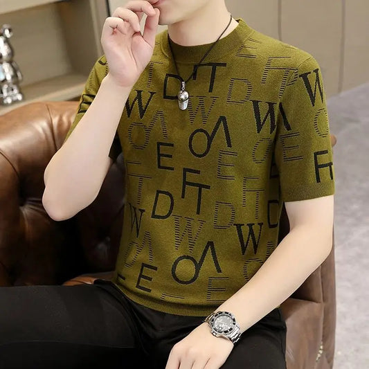 Trend Fashion Autumn Winter New Men O-Neck Letter Printing Korean Casual All-match Short Sleeve Slim Pullovers Knit T-shirt Tops