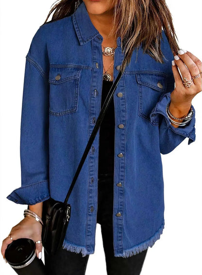 Women Denim Shirt Turn Down Collar  Streetwear Open Stitch Single Breasted Casual Loose Jackets