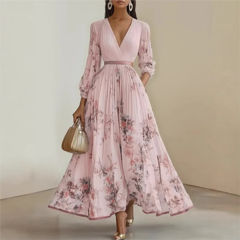Fashion Floral Print Patchwork Bohemian Dress Woman Sexy Deep V Neck Hollow Long Dresses New Spring Puff Sleeve Loose Maxi Dress