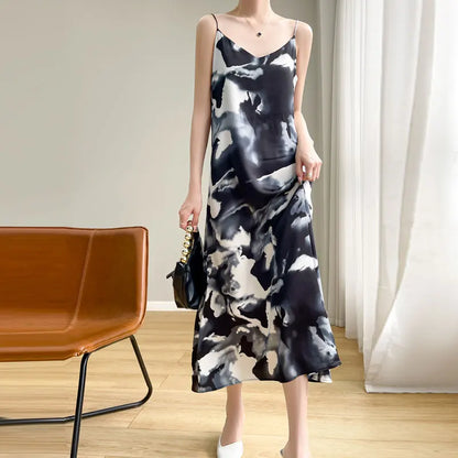 2024 Spring and Summer New Women's Dress Colorful Flower Suspender Skirt Satin Silky Dress Cool and Comfortable