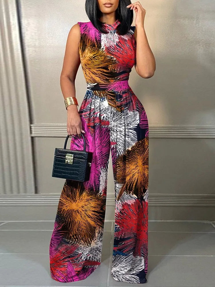 Elegant Women Wide Leg Long Printed Sleeveless Jumpsuits Trouser