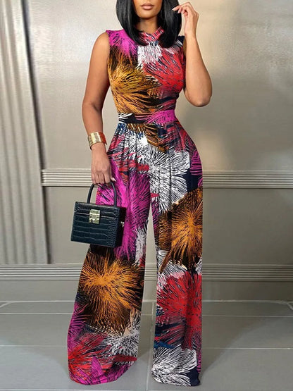 Elegant Women Wide Leg Long Printed Sleeveless Jumpsuits Trouser