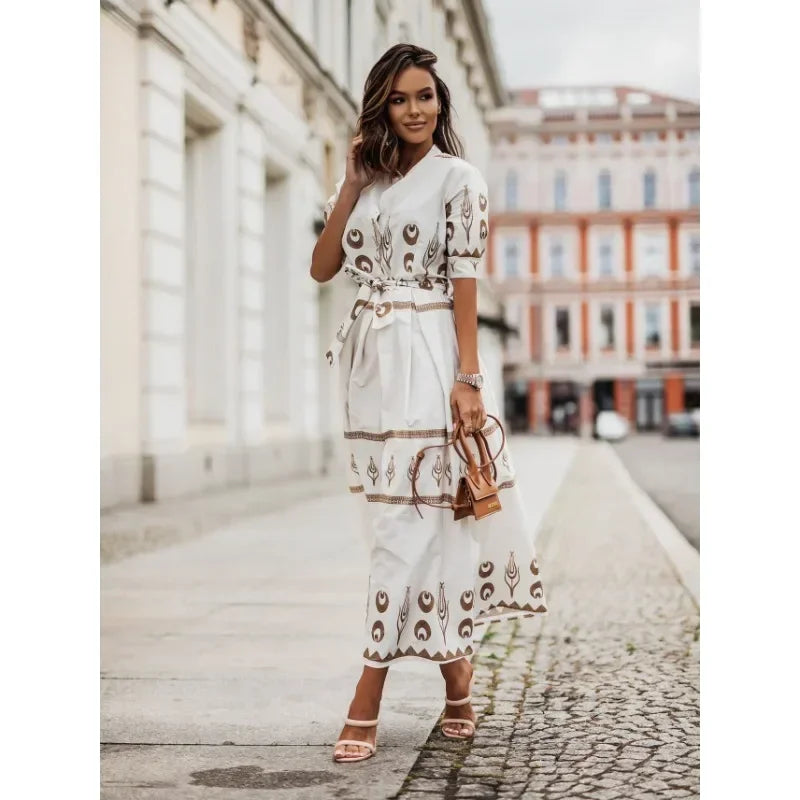 Women's Summer Short Sleeved Loose Fitting Casual Dress Fashion Printed Standing Collar Belt Dress