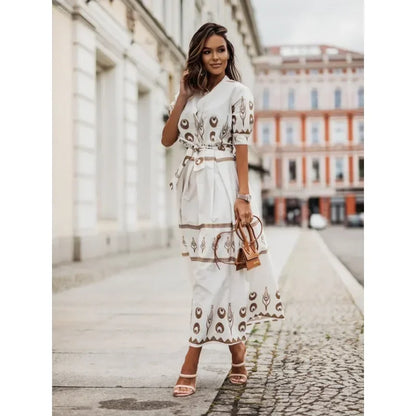 Women's Summer Short Sleeved Loose Fitting Casual Dress Fashion Printed Standing Collar Belt Dress