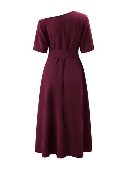 Women's S-2XL Size New Slanted Shoulder Collar Tie Waist Style Solid Color Dress Leopard print maxi dresses for women