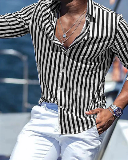 Men's Long sleeved Blue Stripe Printed Shirt Social Luxury Men's Wear Hawaii Elegant Classic Fashion Solid Color