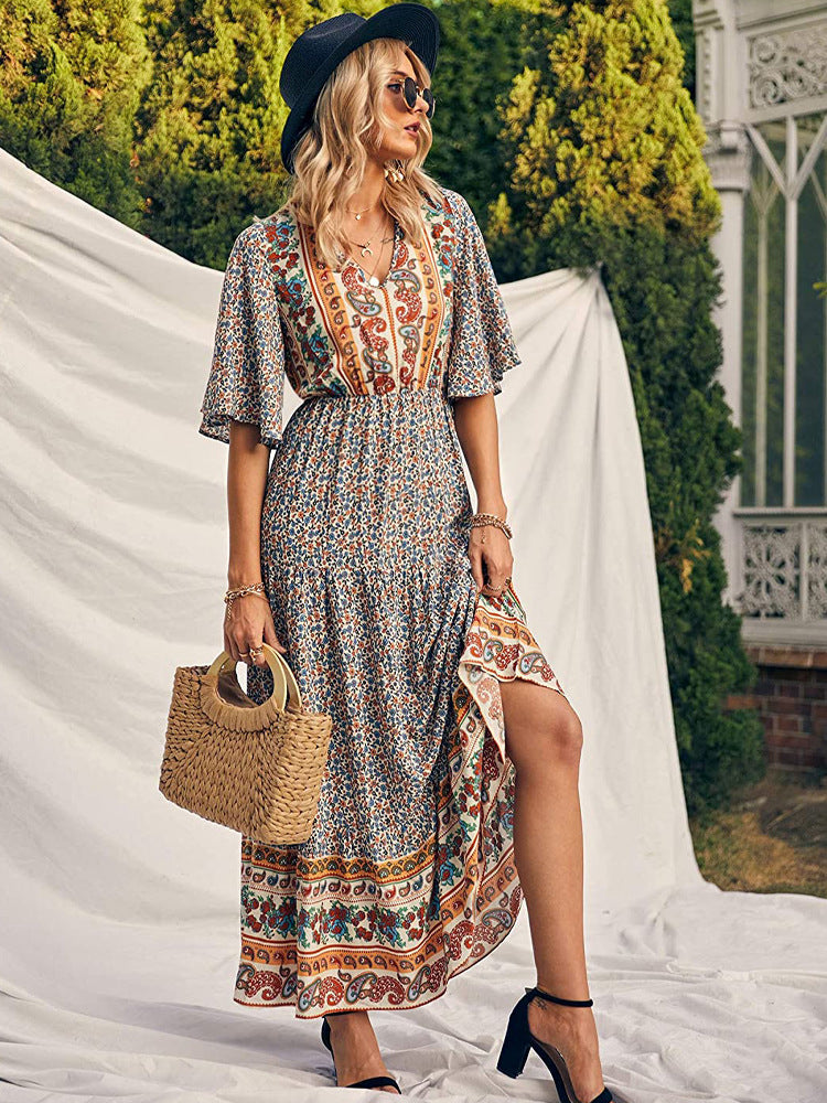Boho Retro Printed Long Beach Dress Summer Women Flare Short Sleeve V Neck Summer A-Line Dress 2022 Party Elegant Dress