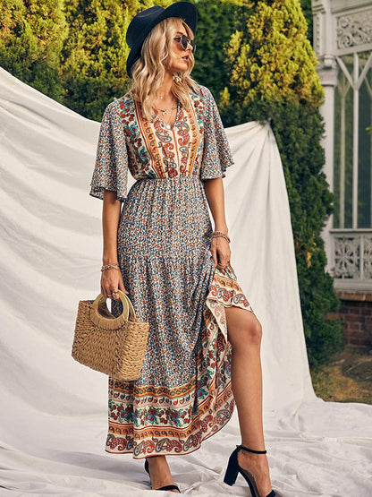 Boho Retro Printed Long Beach Dress Summer Women Flare Short Sleeve V Neck Summer A-Line Dress 2022 Party Elegant Dress