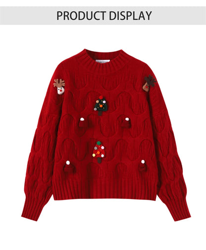Women Christmas Pullover Knitted Sweater Y2k Fashion Harajuku Korean Vintage O-Neck Long Sleeves Red Sweaters 2000s Clothes 2024