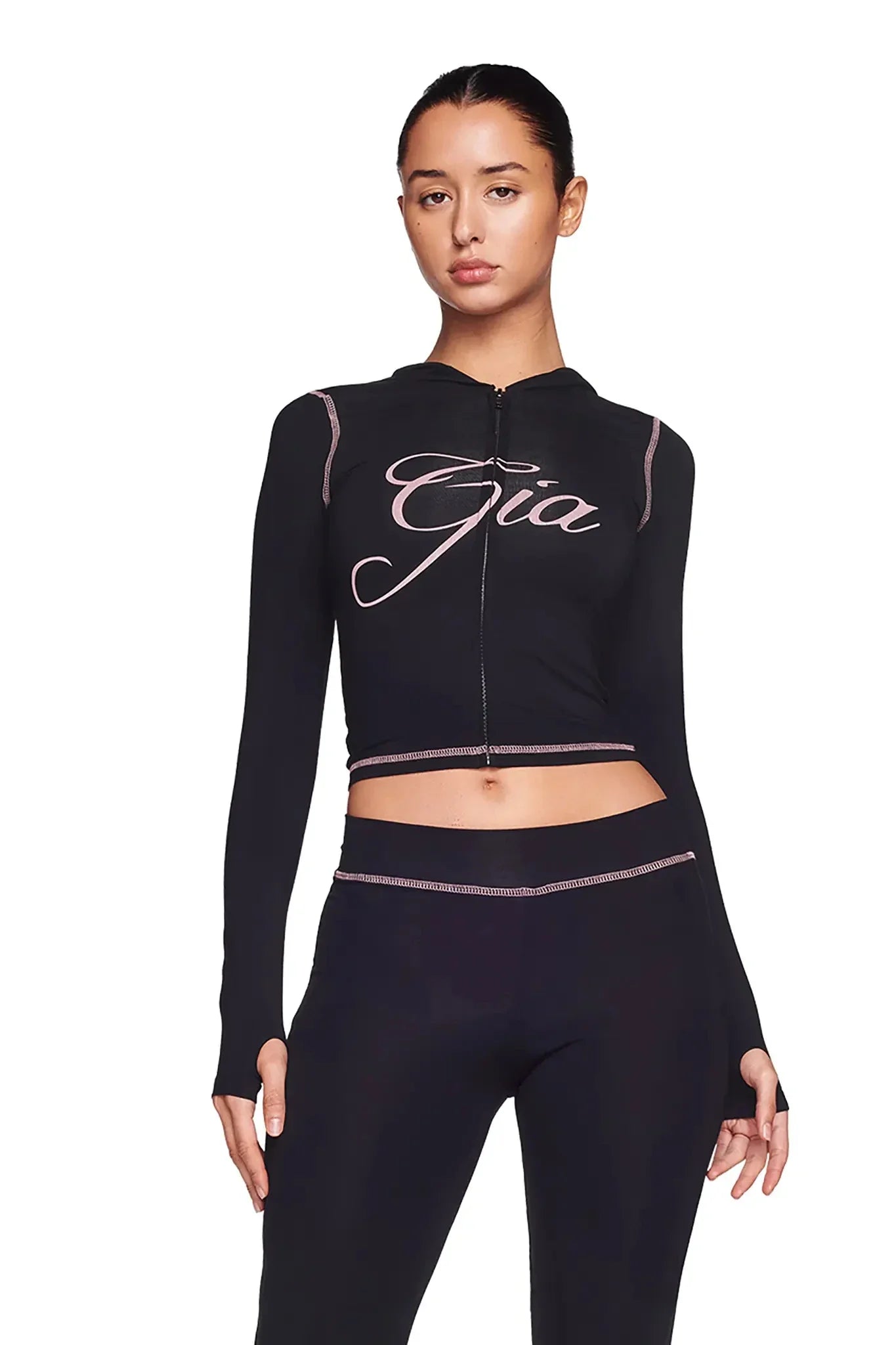 iamgia black cotton zipper hooded long sleeved high stretch top low waist micro flared pants for women 2024