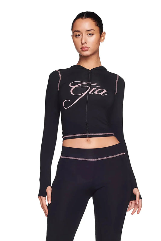 iamgia black cotton zipper hooded long sleeved high stretch top low waist micro flared pants for women 2024