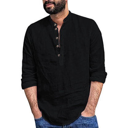 Spring Men's Shirt with Long Sleeves Stand Collar Cotton Linen Black Casual Street White Top Button Summer Fashion Blouses