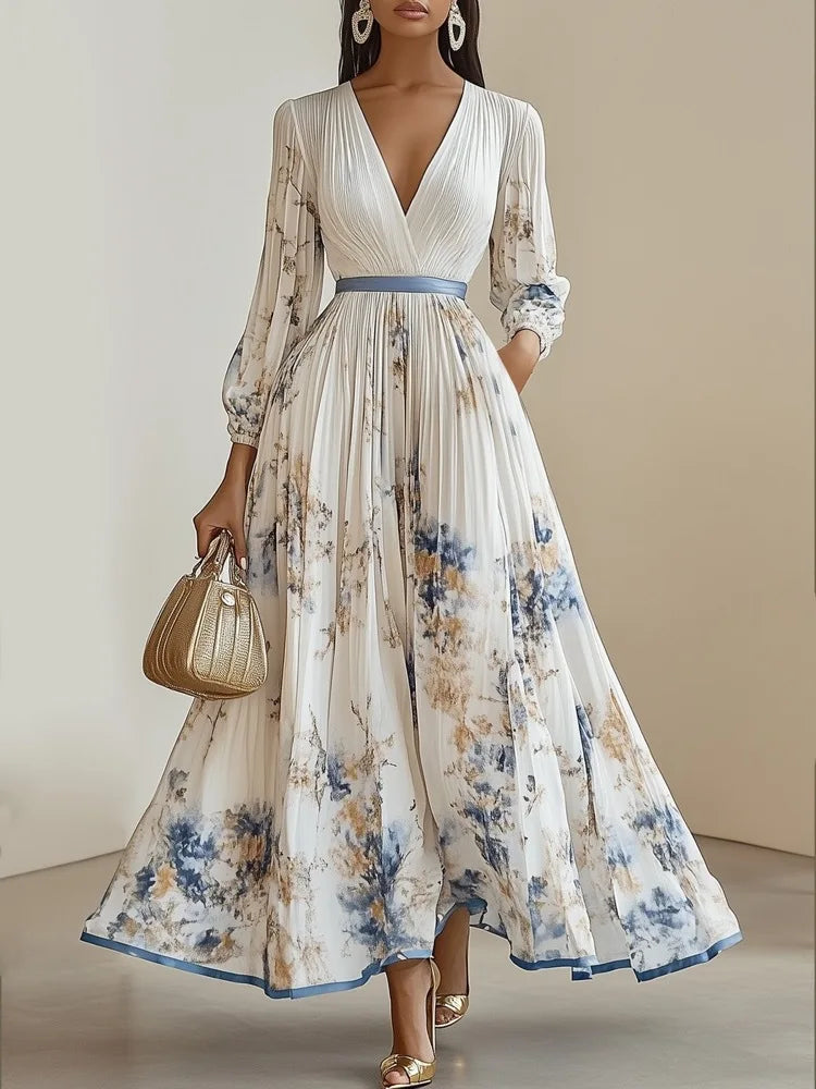 Fashion Floral Print Patchwork Bohemian Dress Woman Sexy Deep V Neck Hollow Long Dresses New Spring Puff Sleeve Loose Maxi Dress