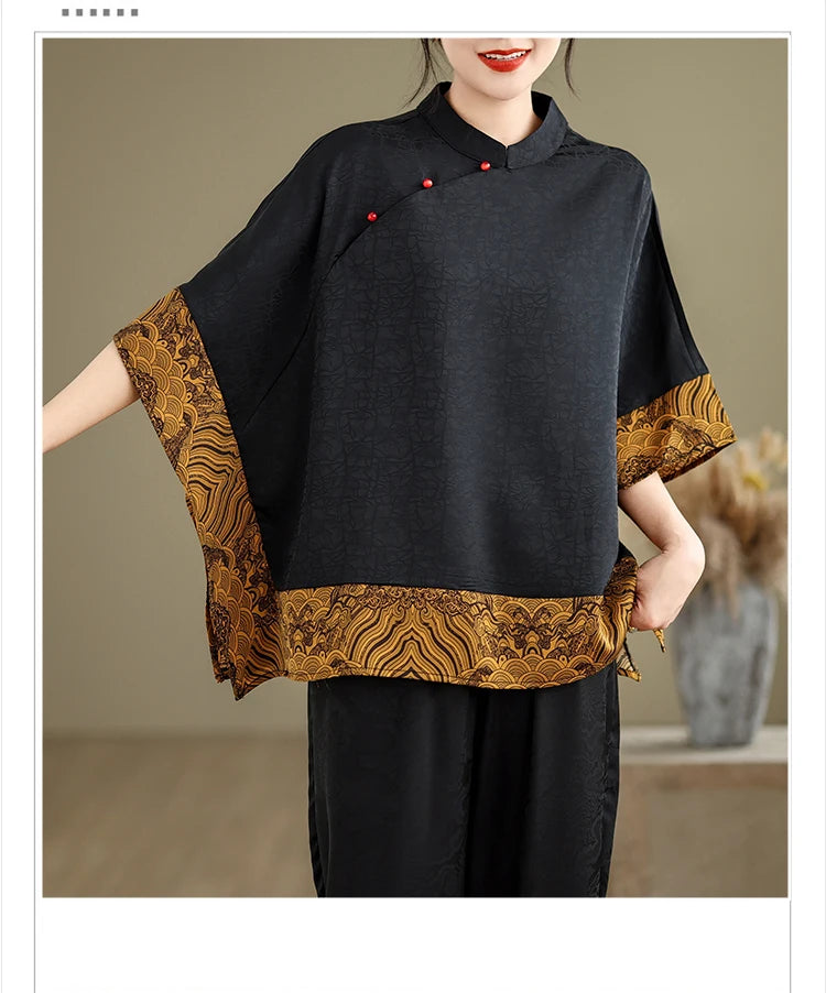 Mulberry Silk Chinese Style T-shirt for Women Spring Summer Fashion Vintage Patchwork Half Sleeve Cloud Embroidery Female Blouse