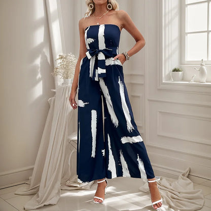 Women's Wide-leg Spliced Printed Strapless Jumpsuit