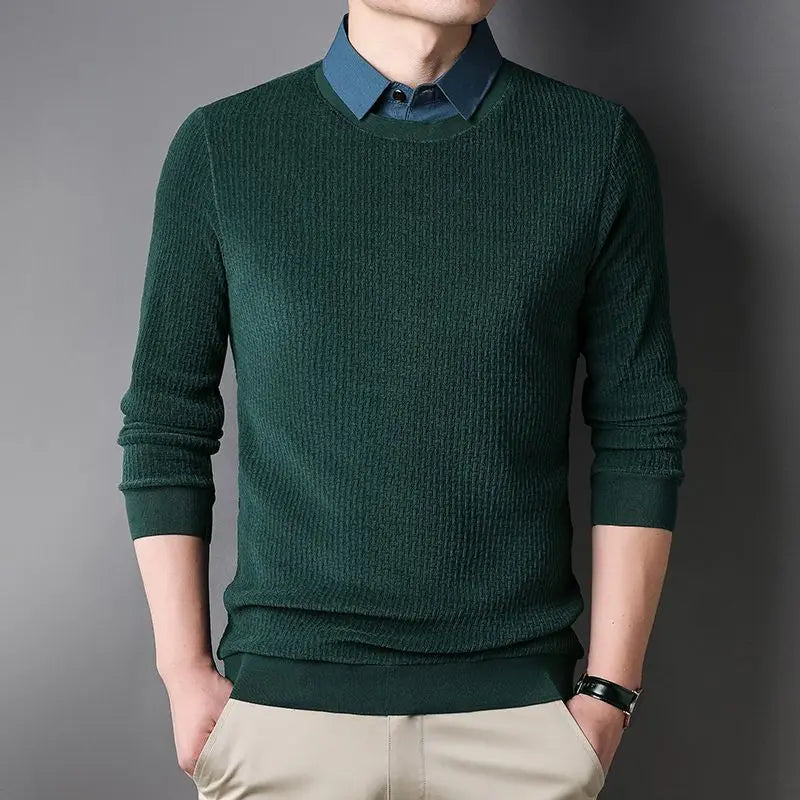 Autumn Winter New Fake Two Piece Shirt Collar Sweater Men Long Sleeved Solid Trendy Button Screw Thread Korean Slim Pullover Top